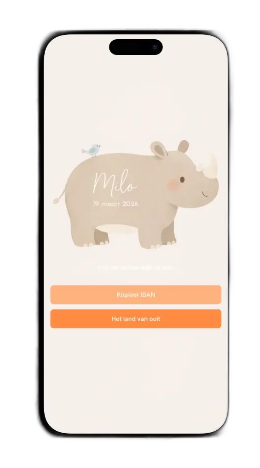Een echte deelpagina van je geboortekaartje op een telefoon, met je verlanglijst en IBAN erop
